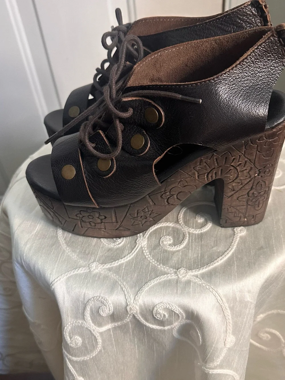 Free People Brown Lace-Up Platform Heeled Sandals with Stud Accents